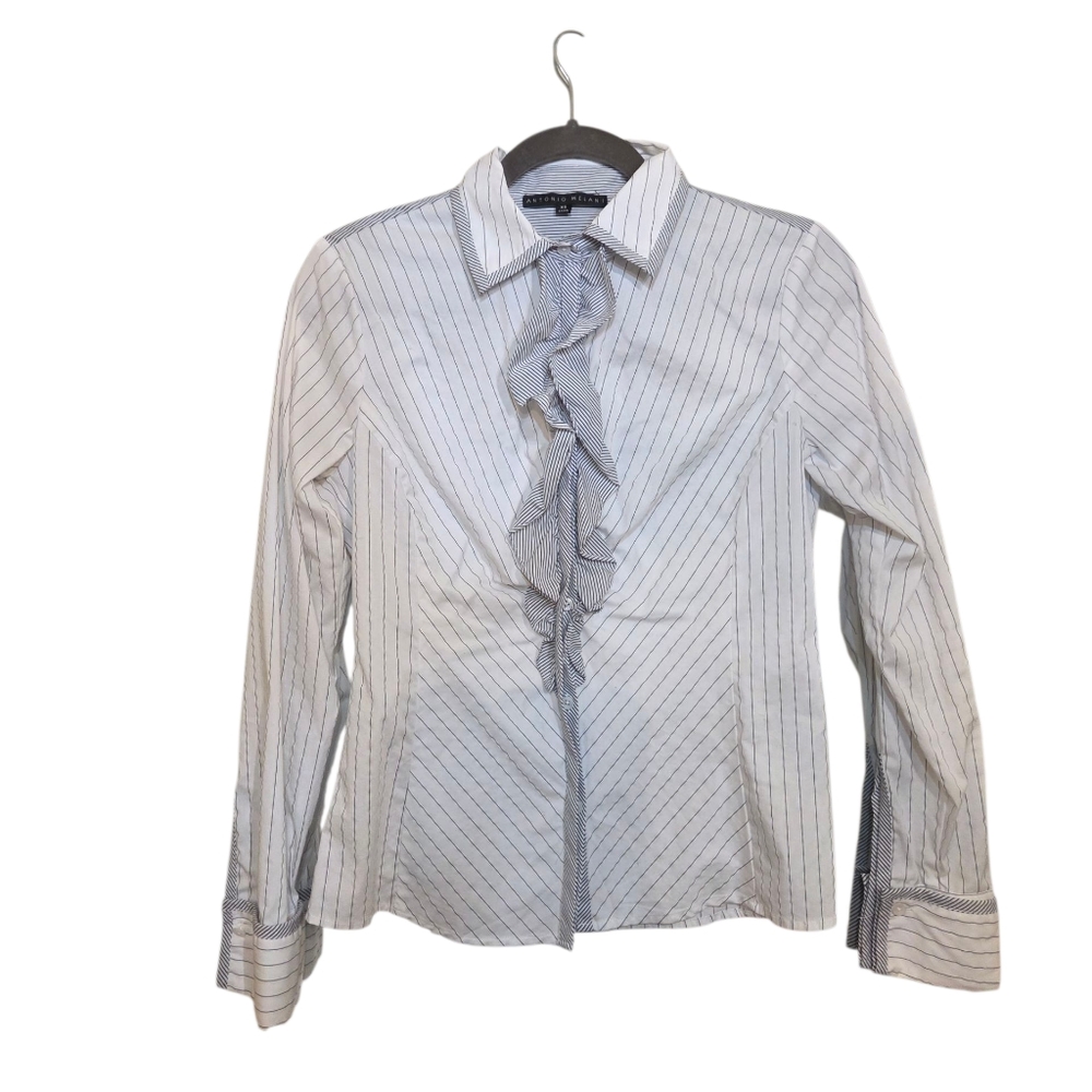 ANTONIO MELANI White Button Down Shirt with Black Pinstripe and Ruffle - XS